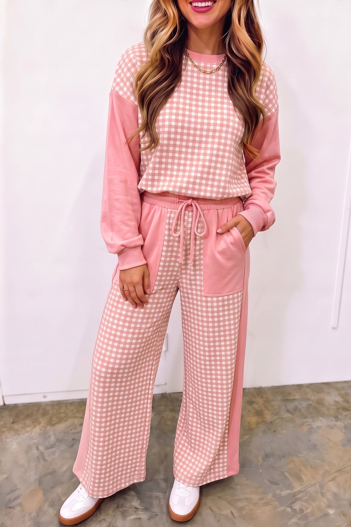 Stacey B's Brown Color Block Plaid Patchwork Long Sleeve Pullover Wide Leg Pant Set
