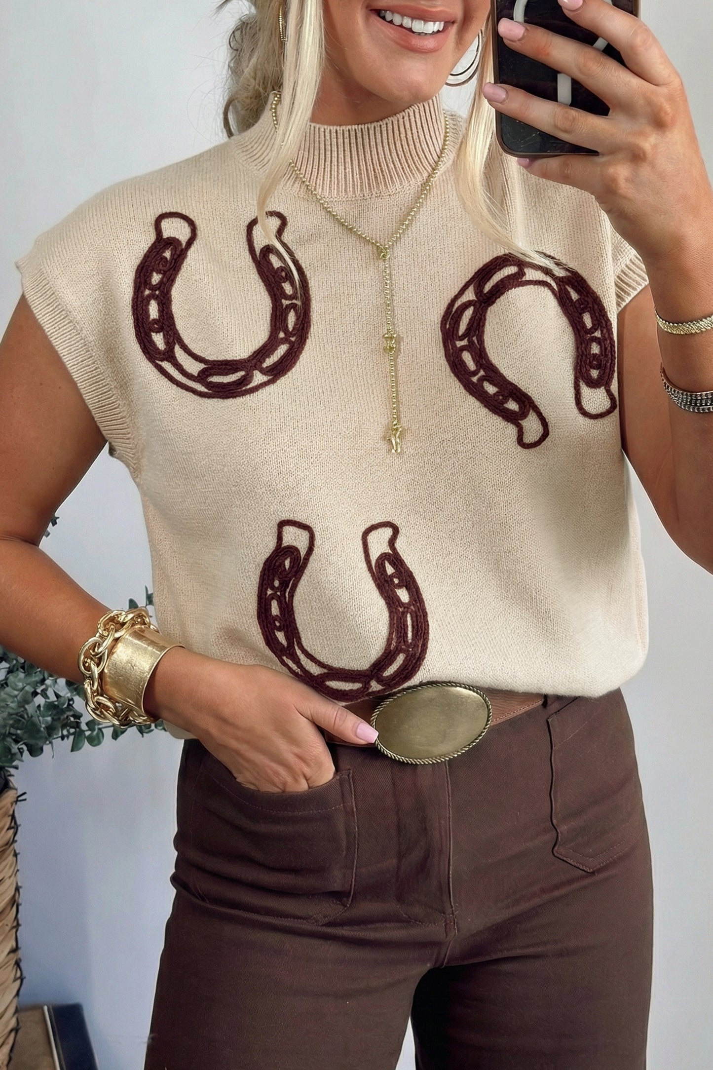 Stacey B's Parchment Corded Horseshoes Ribbed Trim Mock Neck Short Sleeve Sweater