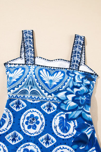 Stacey B's Blue Tile Pattern Ricrac Wide Straps Sheath One Piece Swimsuit