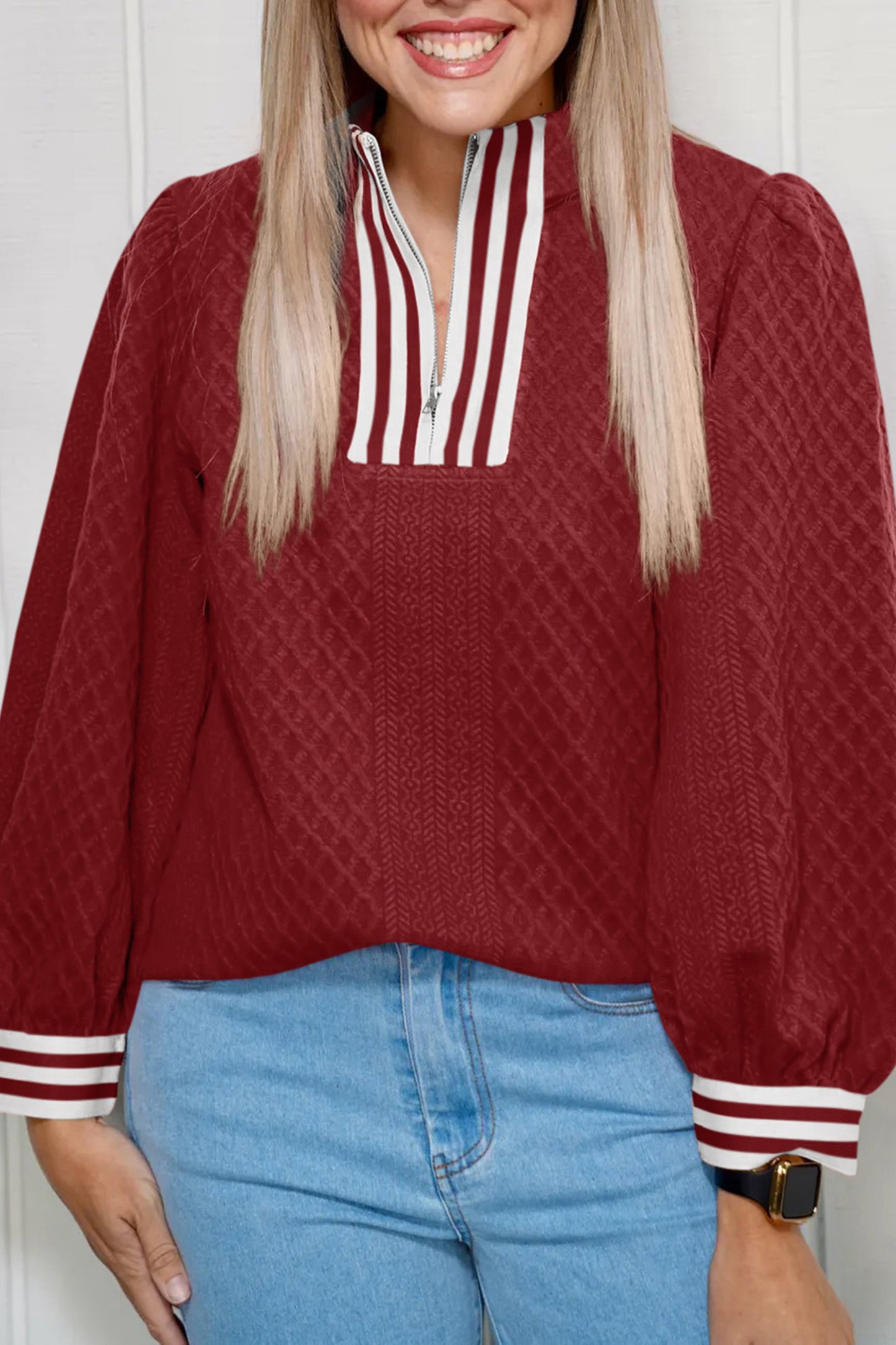 Stacey B's Racing Red Rhombus Textured Striped Patchwork Zip Neck Pullover Sweatshirt