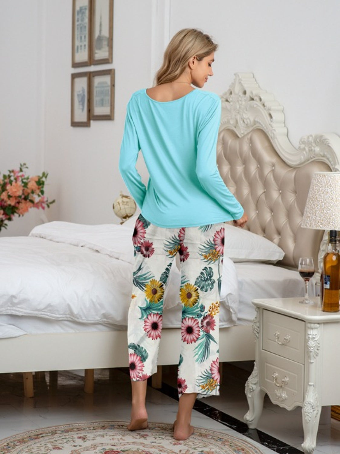 Stacey B's Round Neck Top and Printed Pants Lounge Set