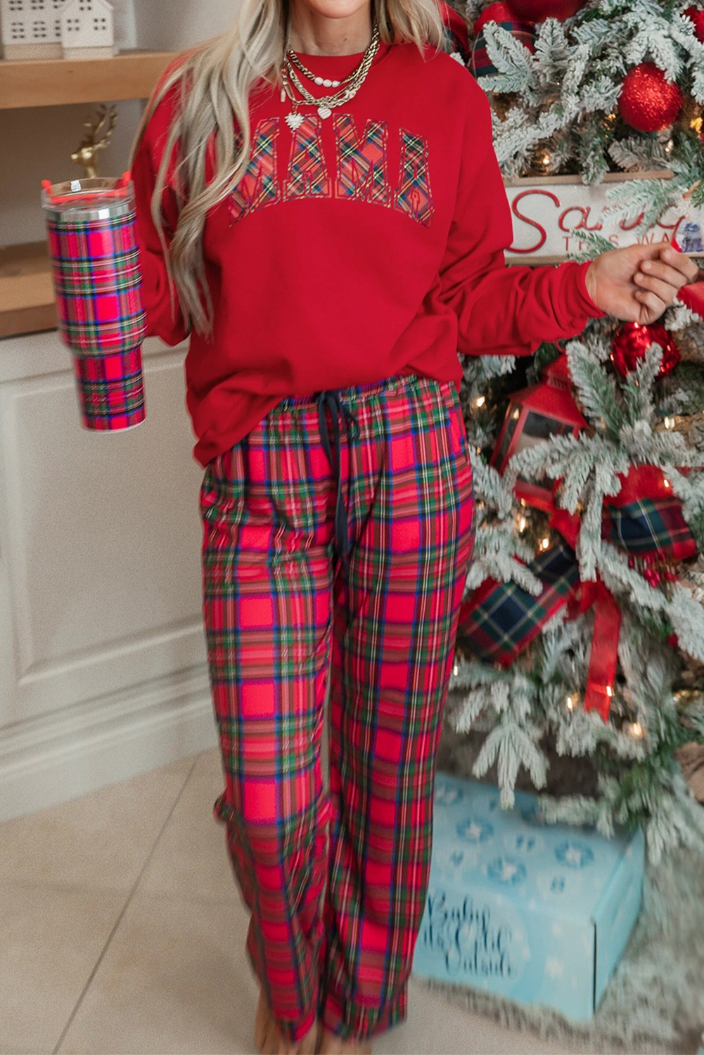 Stacey B's Red Plaid MAMA Graphic Christmas Holiday Crewneck Pullover and Pants Lounge Set