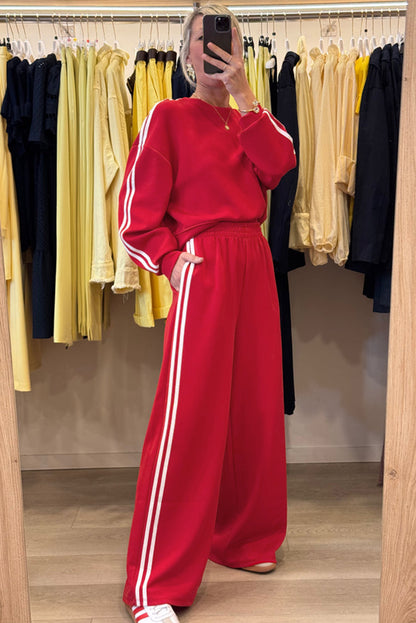 Stacey B's Fiery Red Varsity Striped Detail Cropped Pullover Wide Leg Pants 2pcs Outfit