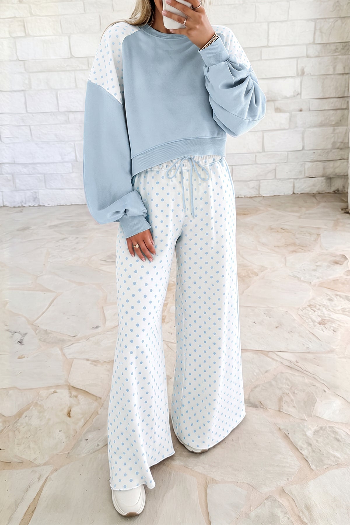 Stacey B's Green Polka Dot Patchwork Colorblock Long Sleeve Casual Two Piece Pants Set