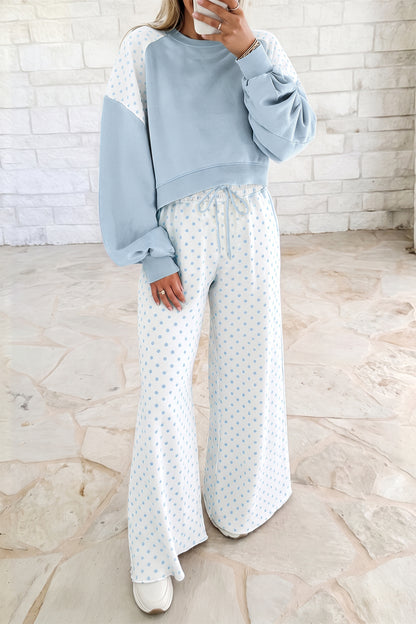 Stacey B's Green Polka Dot Patchwork Colorblock Long Sleeve Casual Two Piece Pants Set