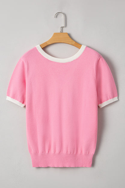 Stacey B's Bonbon Colorblock Bow V-Shape Cut Back Short Sleeve Sweater