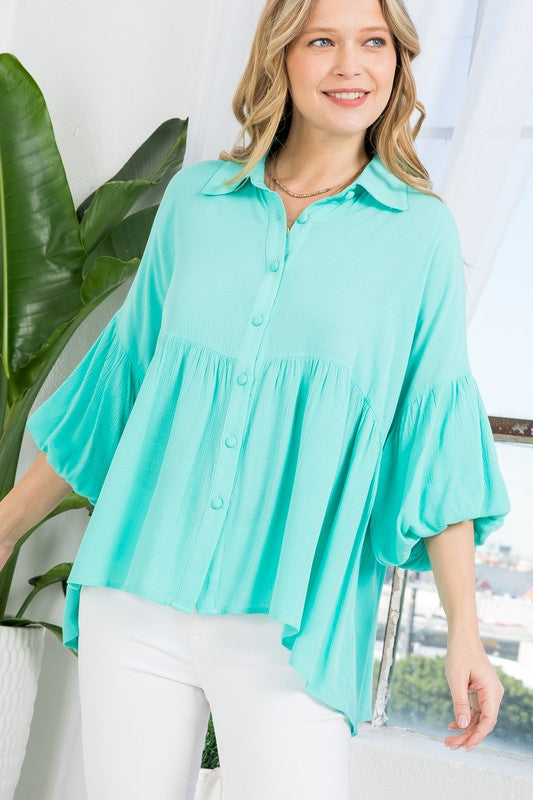 Stacey B's Plus Solid  Button Down Blouse