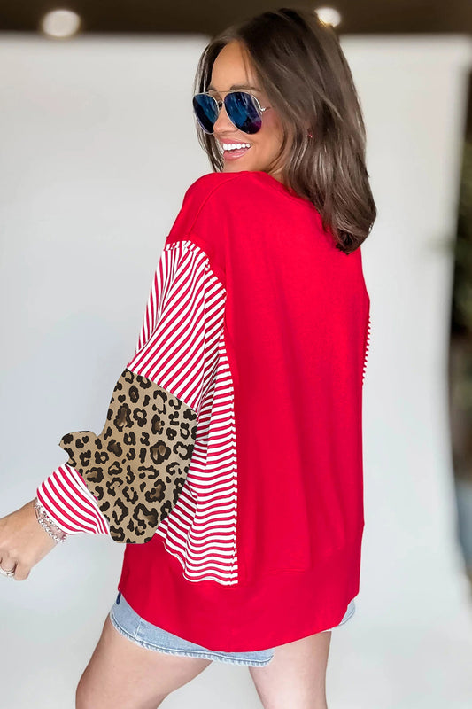 Stacey B's Racing Red Striped Patchwork Sleeve Colorblock Sweatshirt