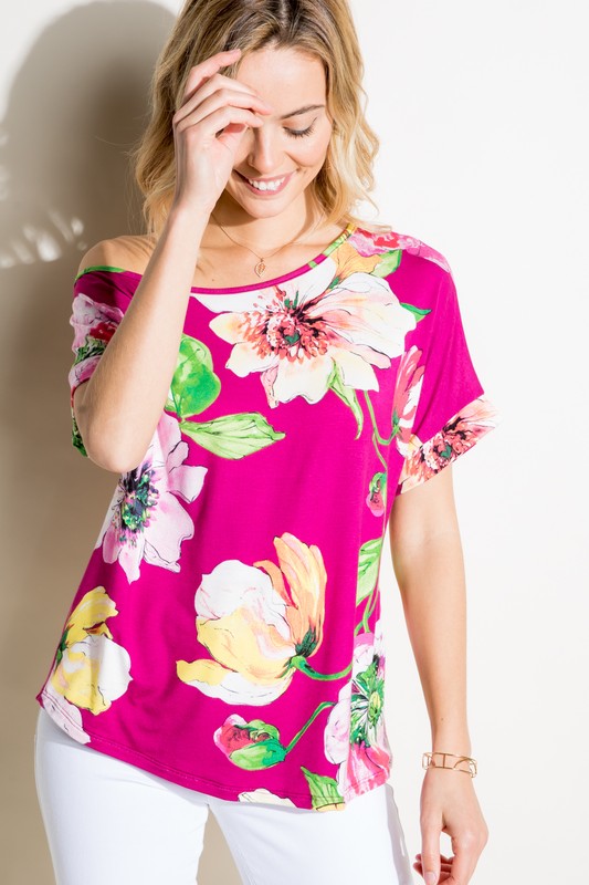 Stacey B's Plus Floral  One Shoulder Boxy Top