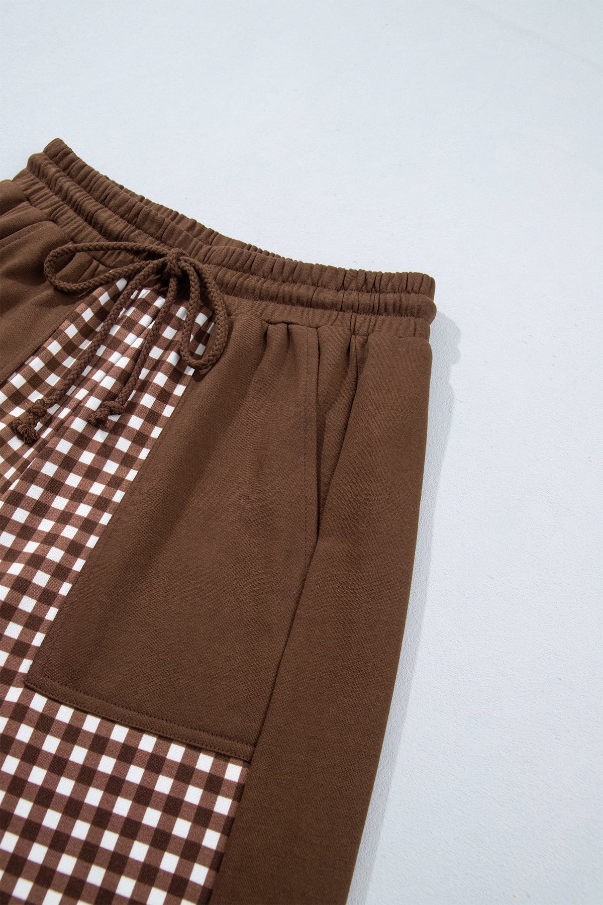 Stacey B's Brown Color Block Plaid Patchwork Long Sleeve Pullover Wide Leg Pant Set
