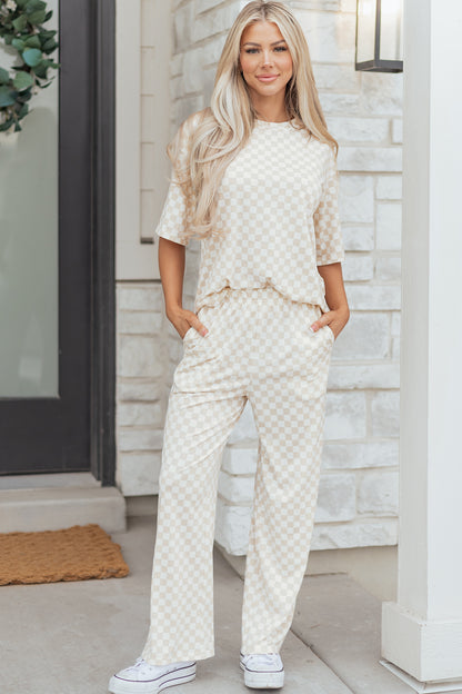 Stacey  B's Rose Checkered Print Half Sleeve Tee 2pcs Lounge Pant Set