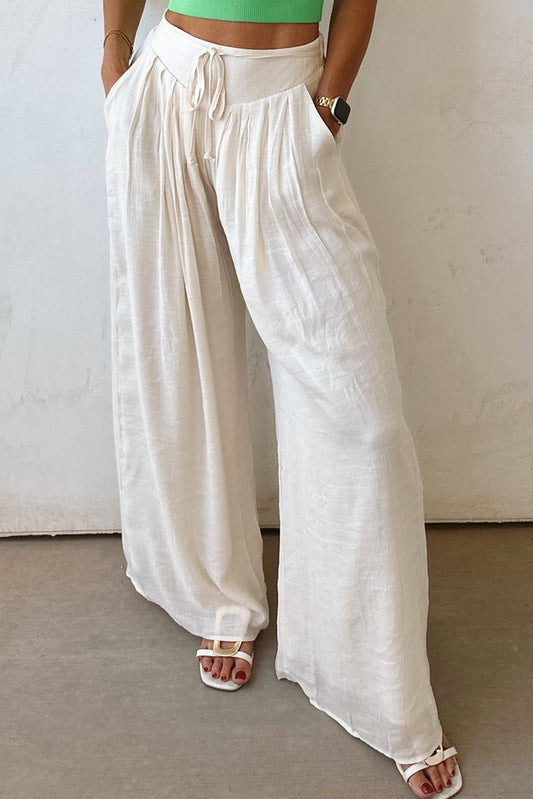 Stacey B's White Casual Tie Waist Pleated Wide Leg Pants