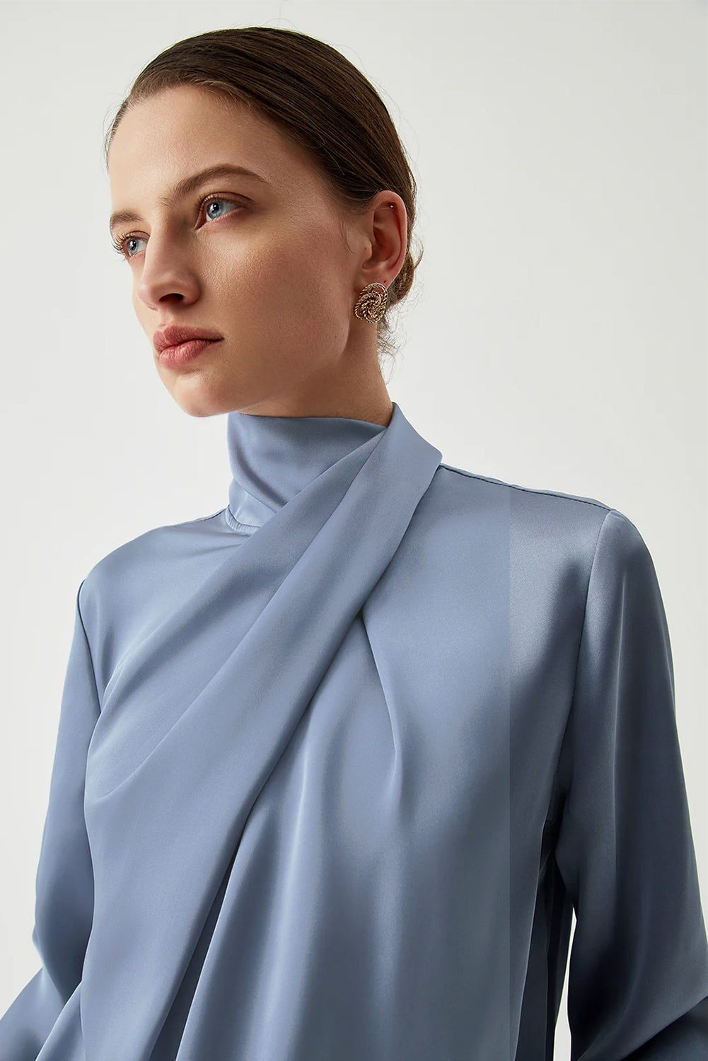 Stacey B's Ivy Asymmetric Turtleneck Elegant Satin Blouse