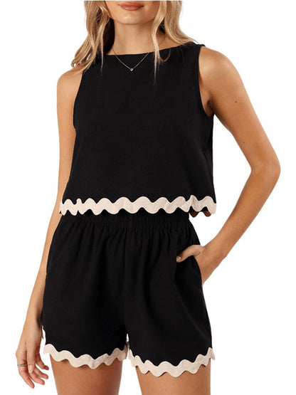 Stacey B's Contrast Trim Round Neck Top and Shorts Set