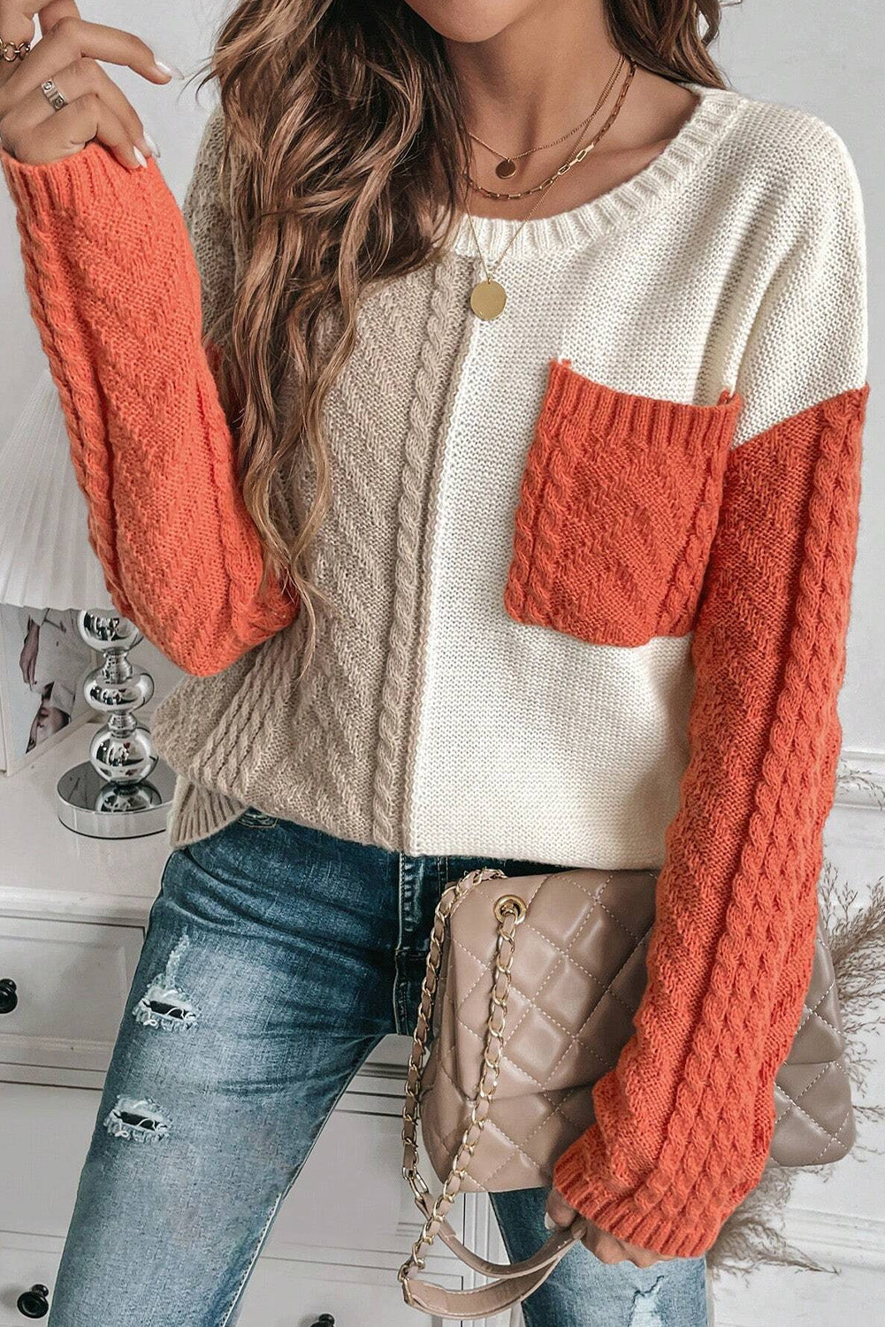 Stacey B's Color Block Round Neck Long Sleeve Sweater