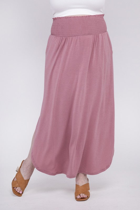 Stacey B's Plus Smocked Waist Side Slit Maxi Skirt w/ Pockets