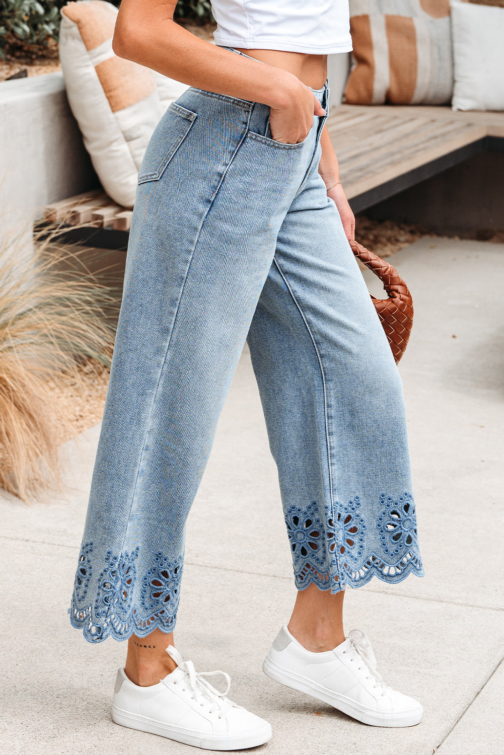 Stacey B's Dusk Blue Embroidered Cropped Wide Leg High Waist Jeans