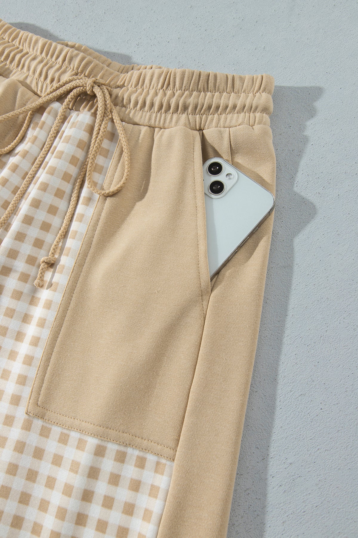 Stacey B's Brown Color Block Plaid Patchwork Long Sleeve Pullover Wide Leg Pant Set