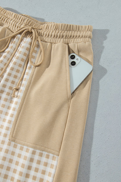 Stacey B's Brown Color Block Plaid Patchwork Long Sleeve Pullover Wide Leg Pant Set
