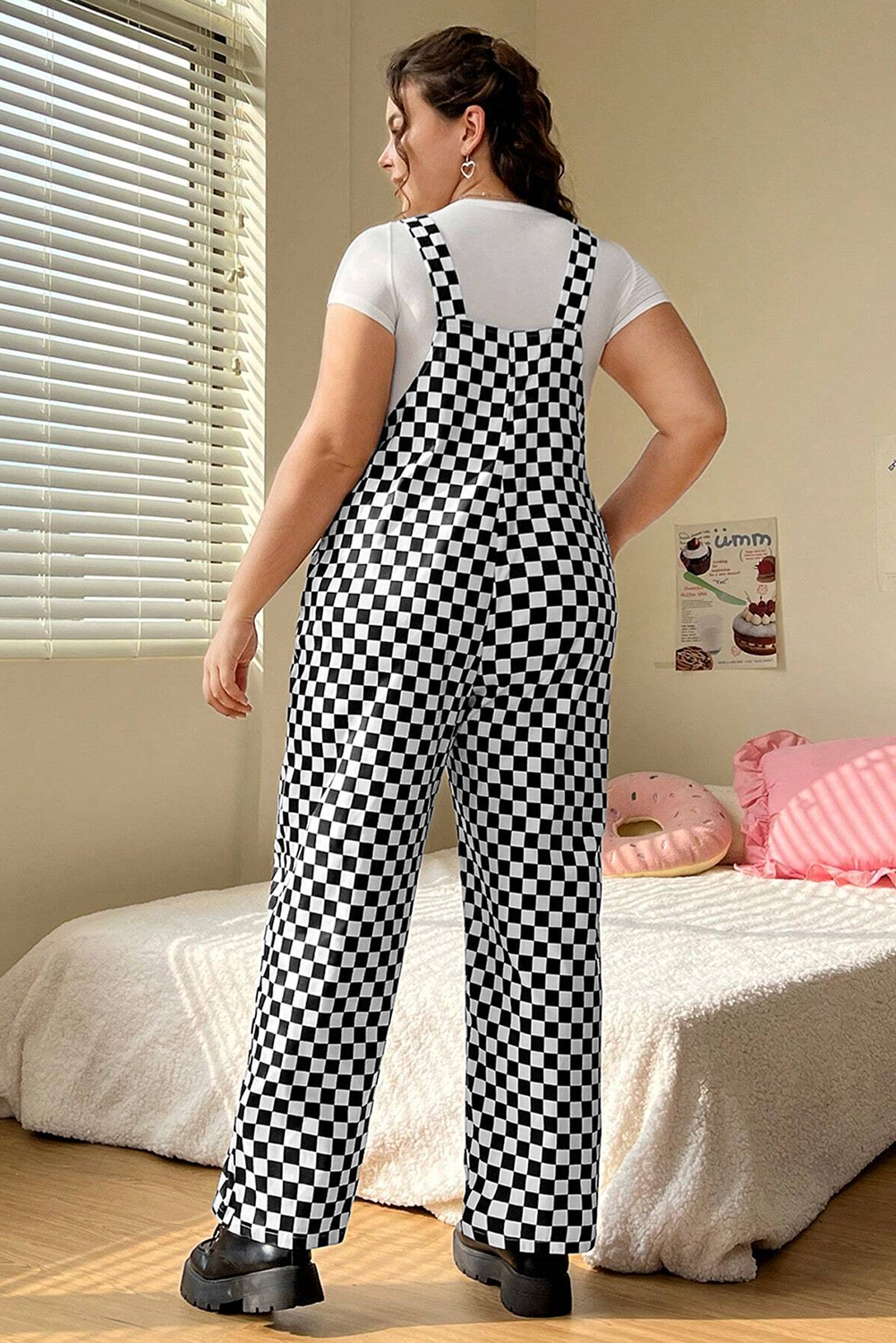 Stacey B's Black Checkered Print Pocketed Wide Leg Jumpsuit