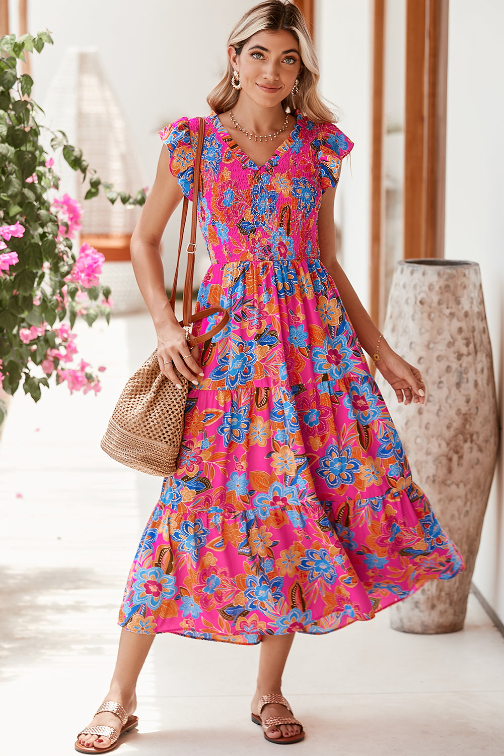 Stacey B's Dark Blue Boho Floral V Neck Ruffle Tiered Long Dress