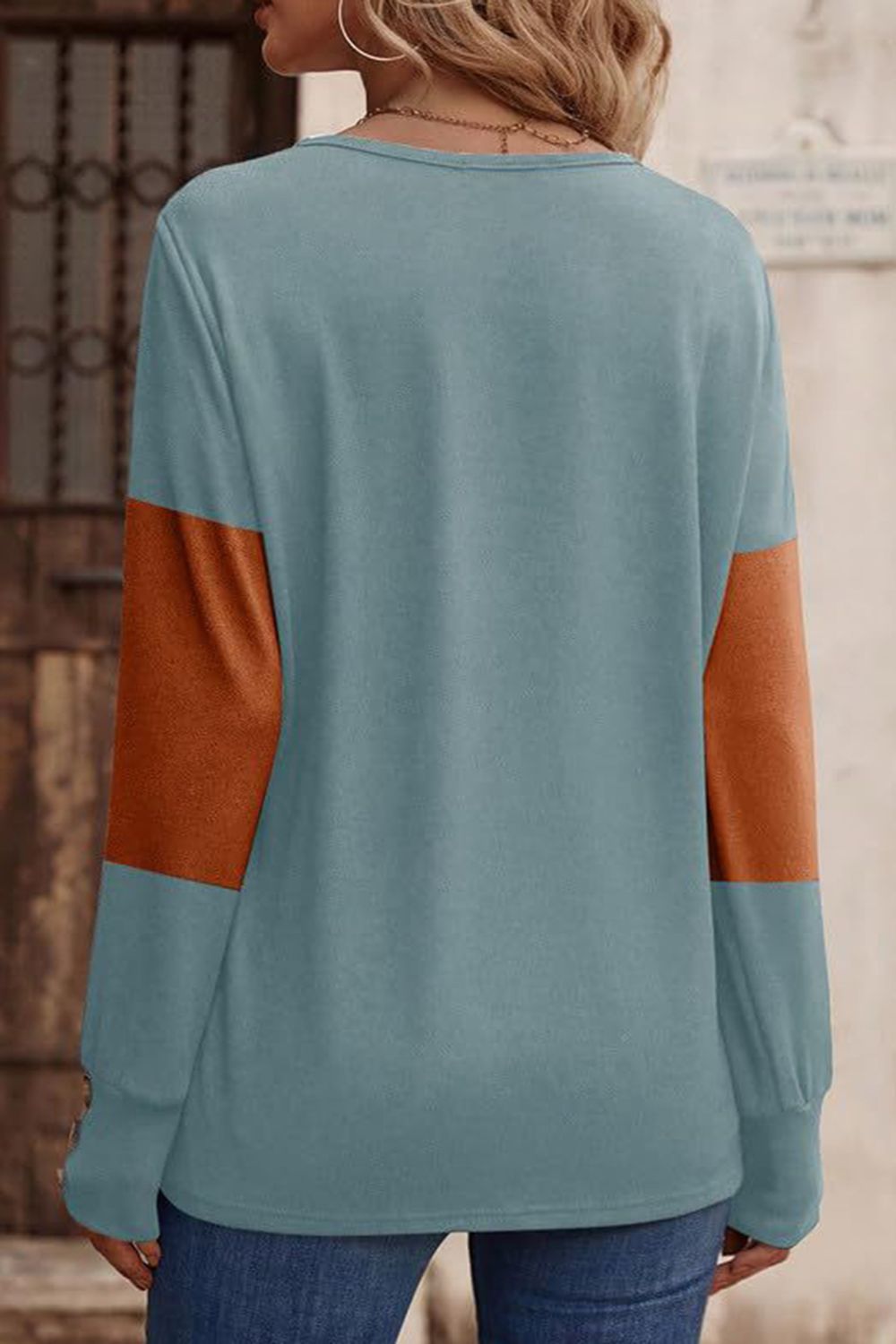 Stacey B's Decorative Button Contrast V-Neck Long Sleeve T-Shirt