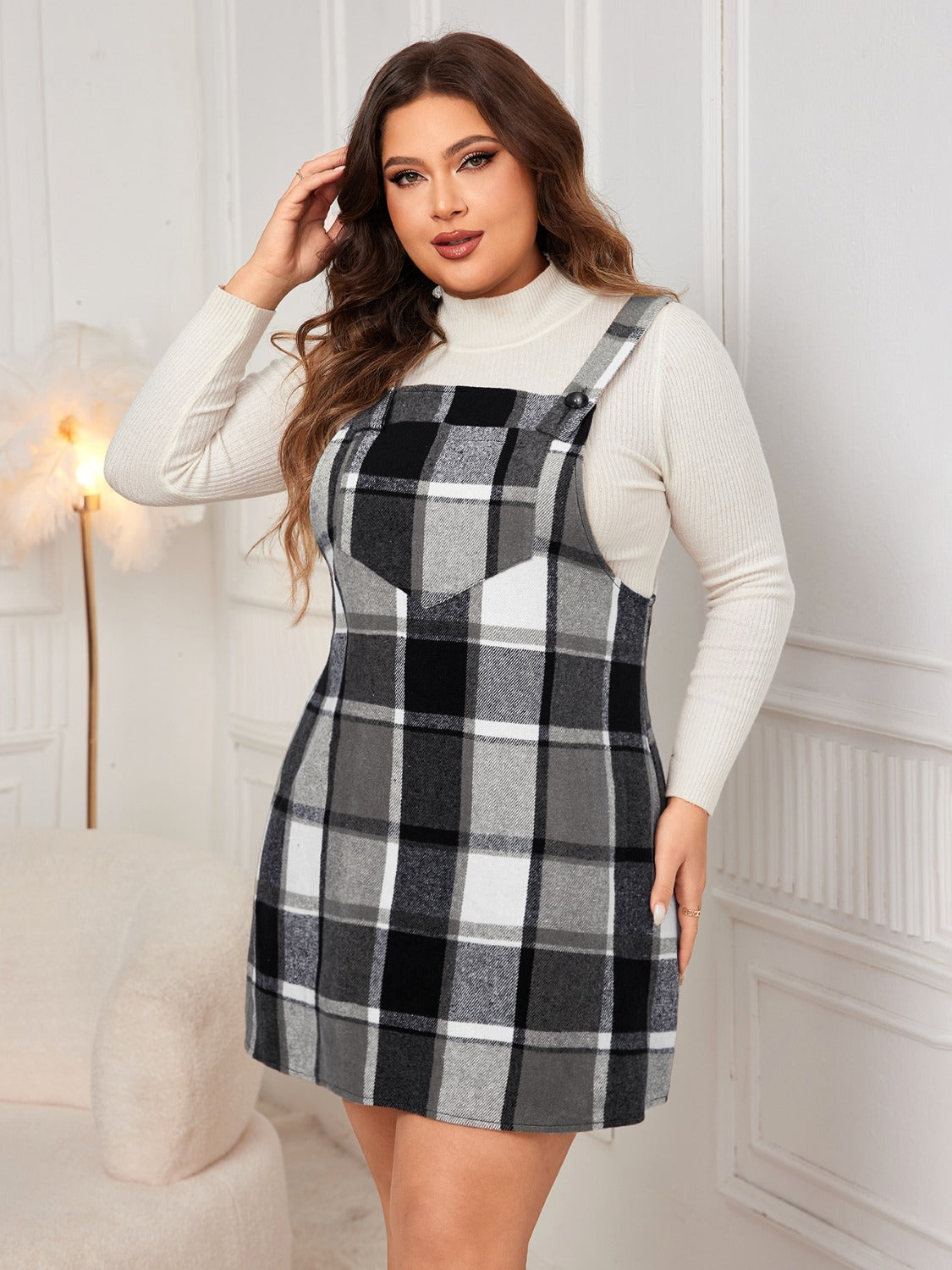 Stacey B's Plus Size Plaid Wide Strap Overall Dress