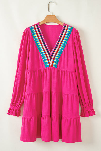 Stacey B's Rose Red Colorful Crochet V Neck Textured Tiered Ruffled Long Sleeve Mini Dress