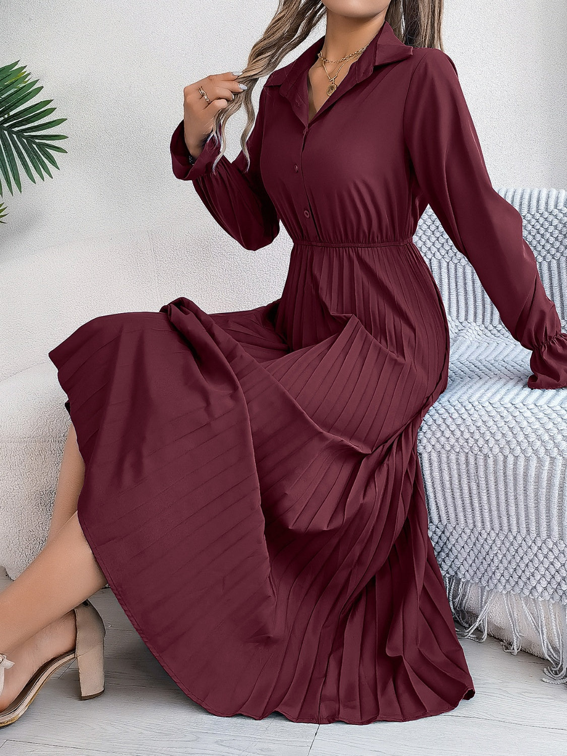 Stacey B's Pleated Half Button Long Sleeve Midi Dress