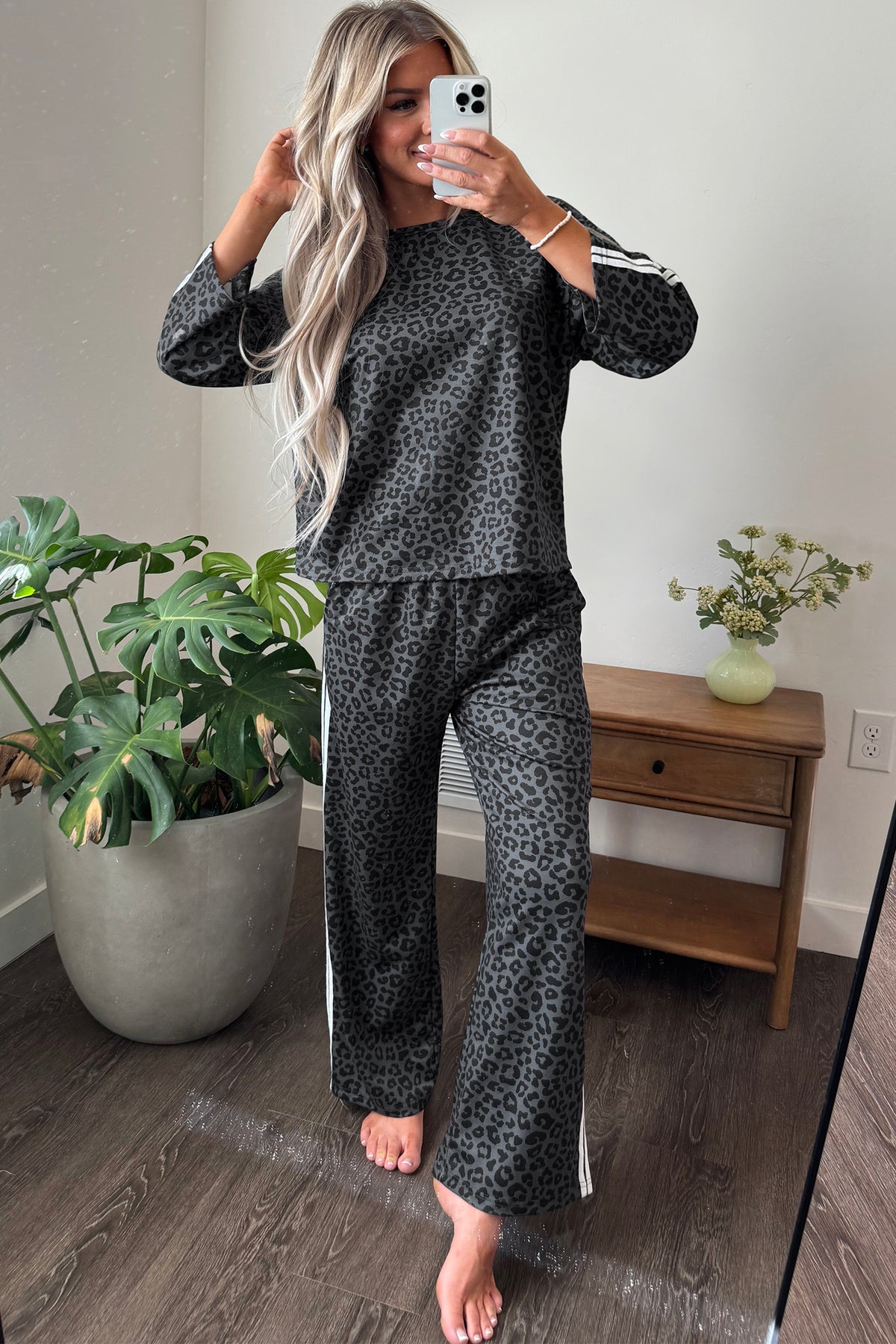 Stacey B's Gray Leopard Print Varsity Striped Detail 3/4 Sleeve Top Shift Pant Set