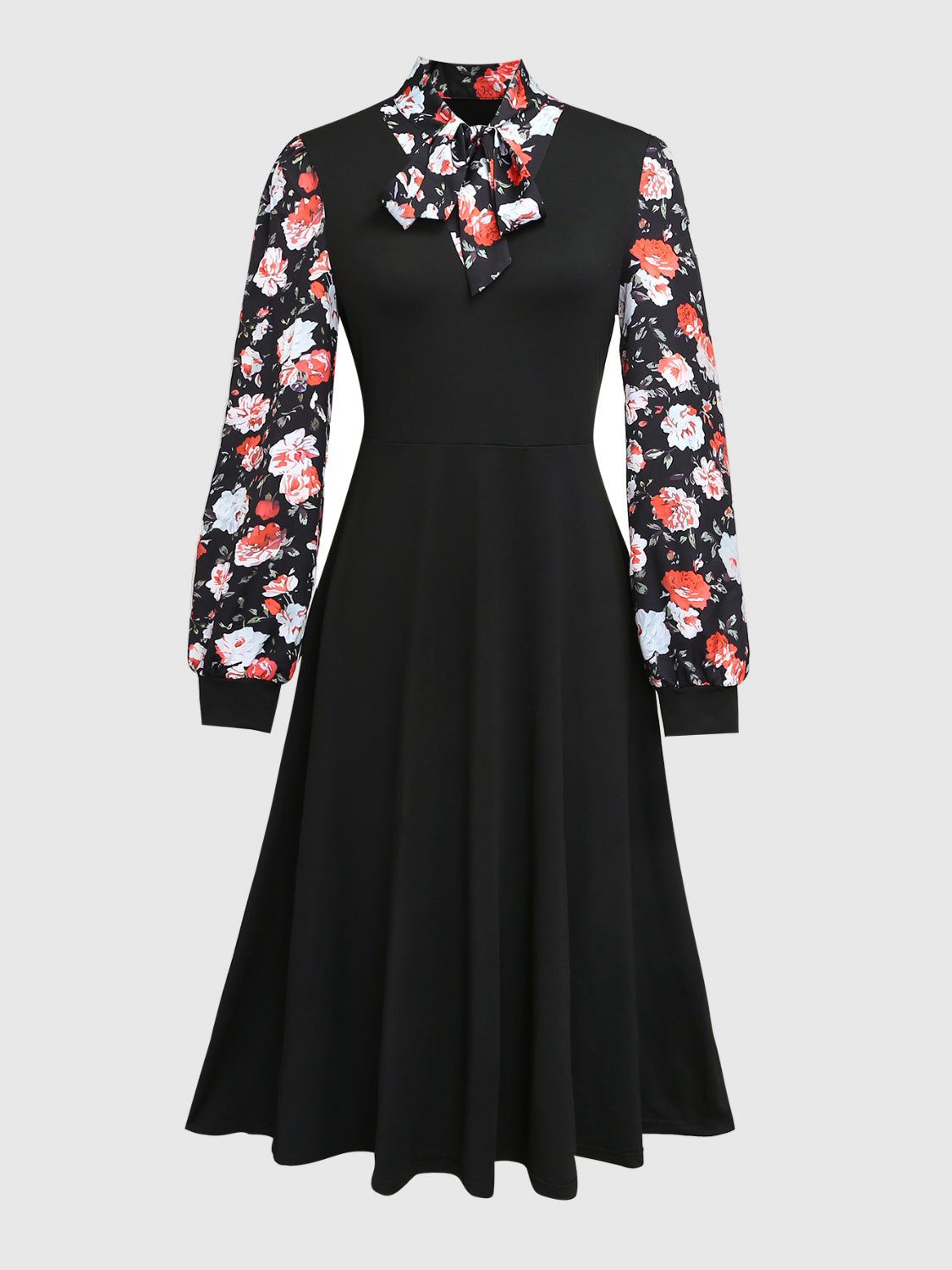 Stacey B's Printed Tie Neck Long Sleeve Midi Dress