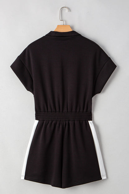 Stacey  B's Black Contrast Collar Patchwork Zip Front Romper