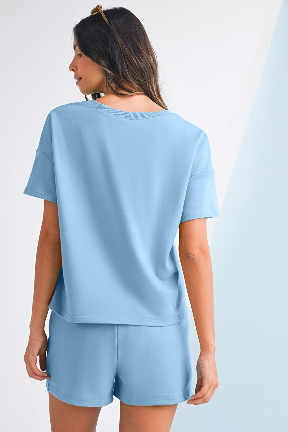 Stacey B's Myosotis V Neck Drop Shoulder Tee and Patchwork Shorts Set