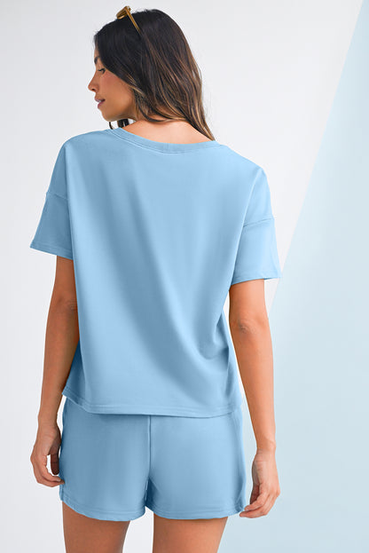 Stacey B's Myosotis V Neck Drop Shoulder Tee and Patchwork Shorts Set