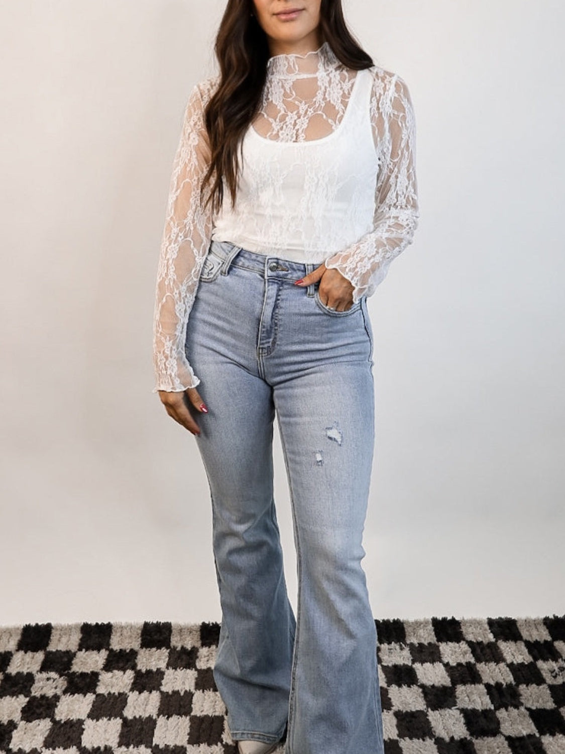 Stacey B's Lace Mock Neck Long Sleeve Top