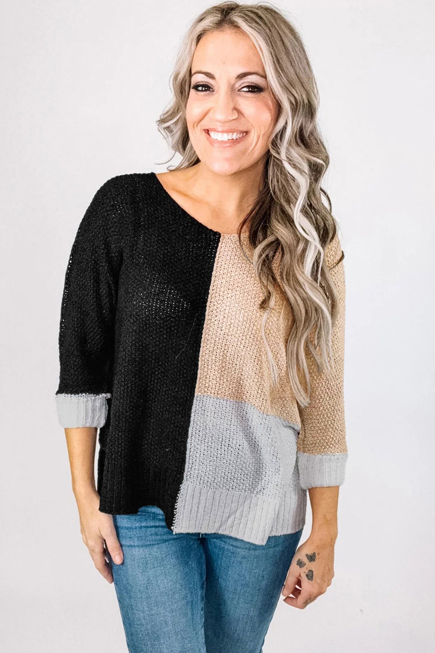 Stacey B's Black Color Block Knit V Neck Loose Sweater