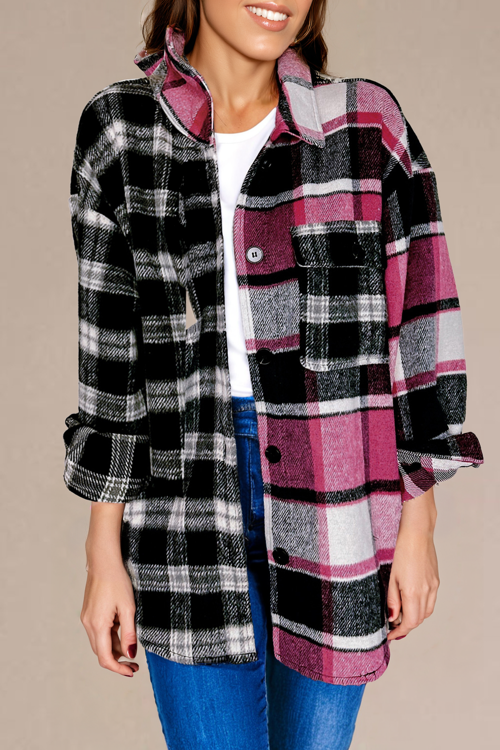 Stacey B's Black Plaid Colorblock Loose Shacket