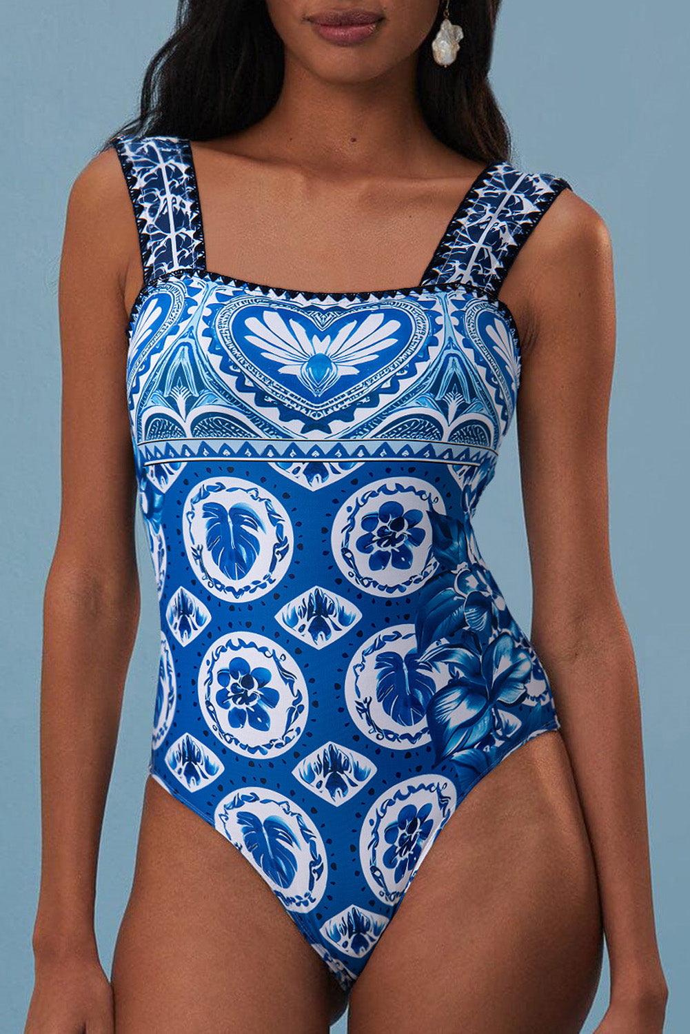 Stacey B's Blue Tile Pattern Ricrac Wide Straps Sheath One Piece Swimsuit