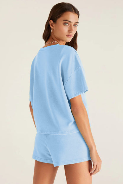 Stacey B's Myosotis V Neck Drop Shoulder Tee and Patchwork Shorts Set
