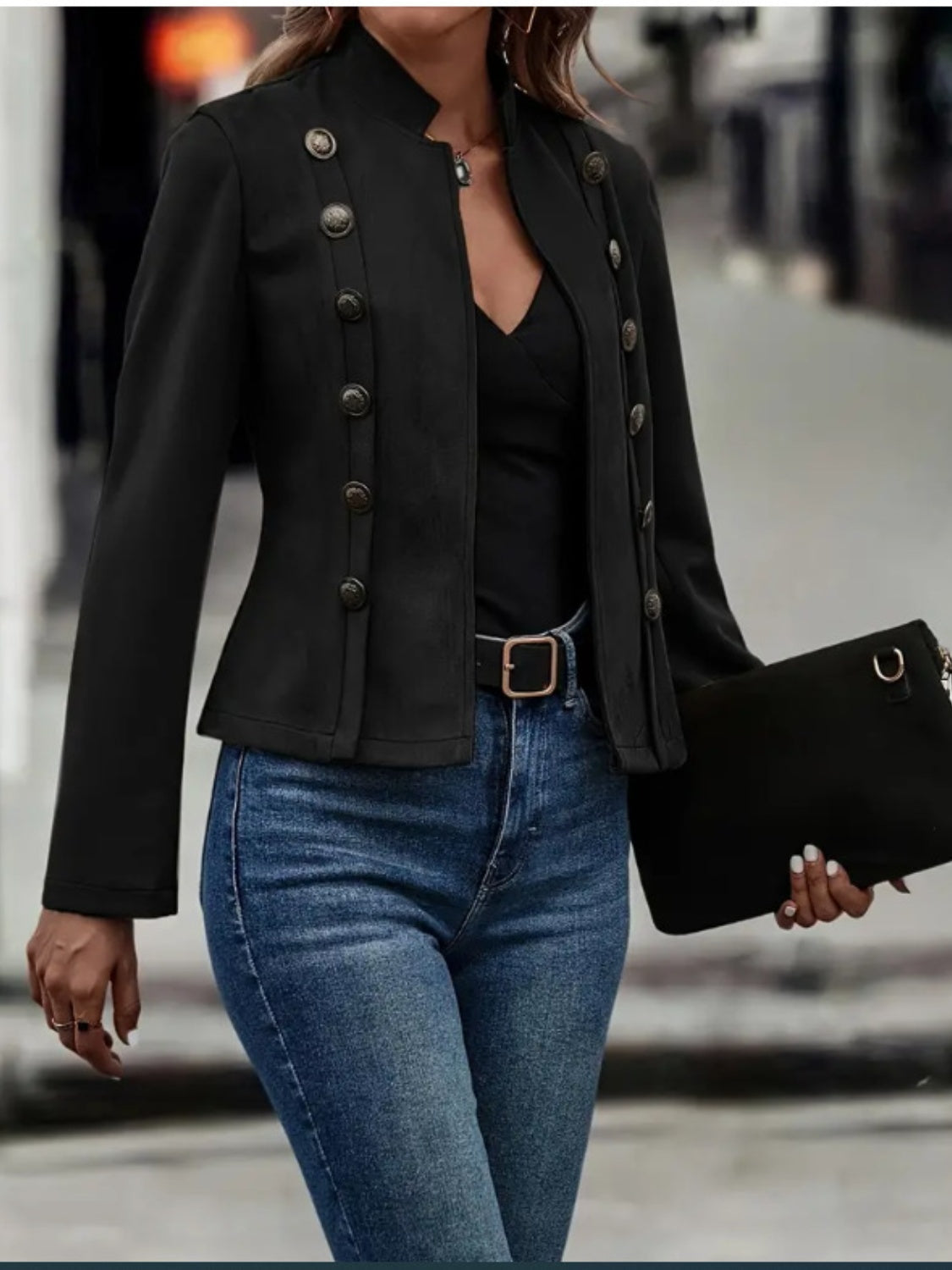 Stacey B's Decorative Button Open Front Long Sleeve Jacket