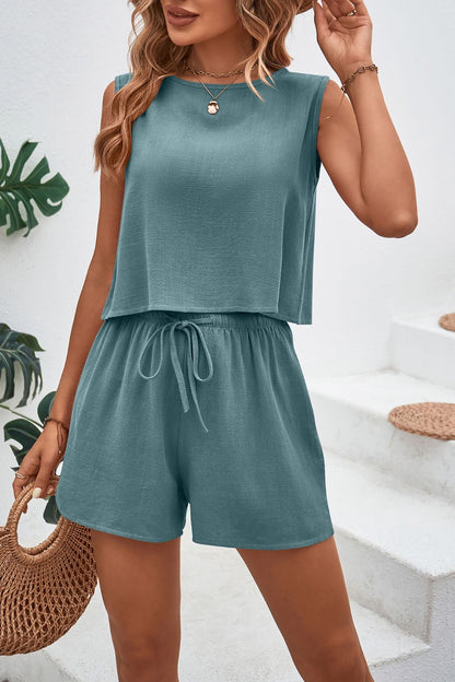 Stacey B's Round Neck Top and Drawstring Shorts Set