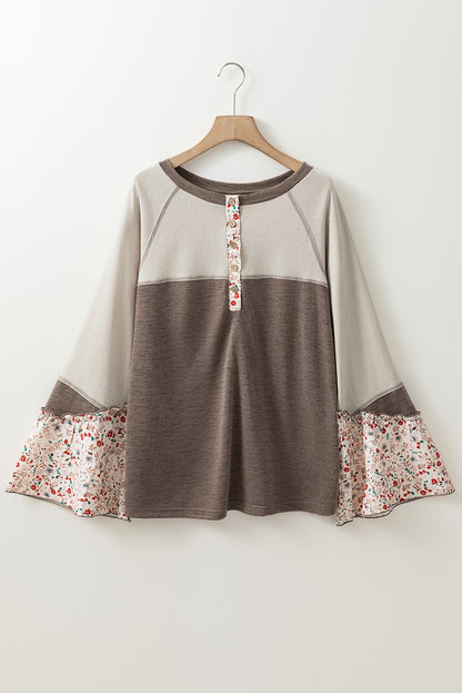 Stacey B's Goat Colorblock Floral Patchwork Flared Sleeve Buttons Henley Top