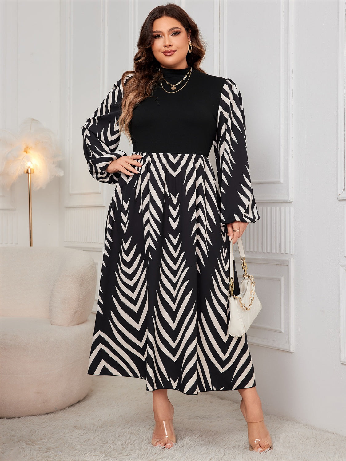 Stacey B's Honey Plus Size Printed Mock Neck Long Sleeve Midi Dress