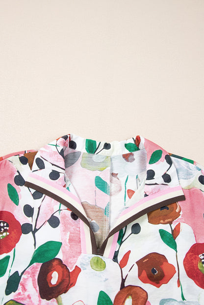 Stacey B's Pink Floral Print Slit V Neck Short Sleeve Blouse