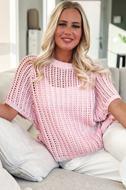 Stacey B's Pink Side Tie Hollow-out Crochet Knit Top
