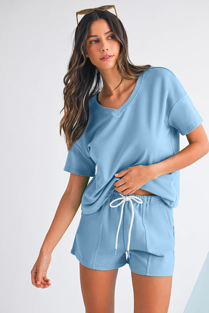 Stacey B's Myosotis V Neck Drop Shoulder Tee and Patchwork Shorts Set