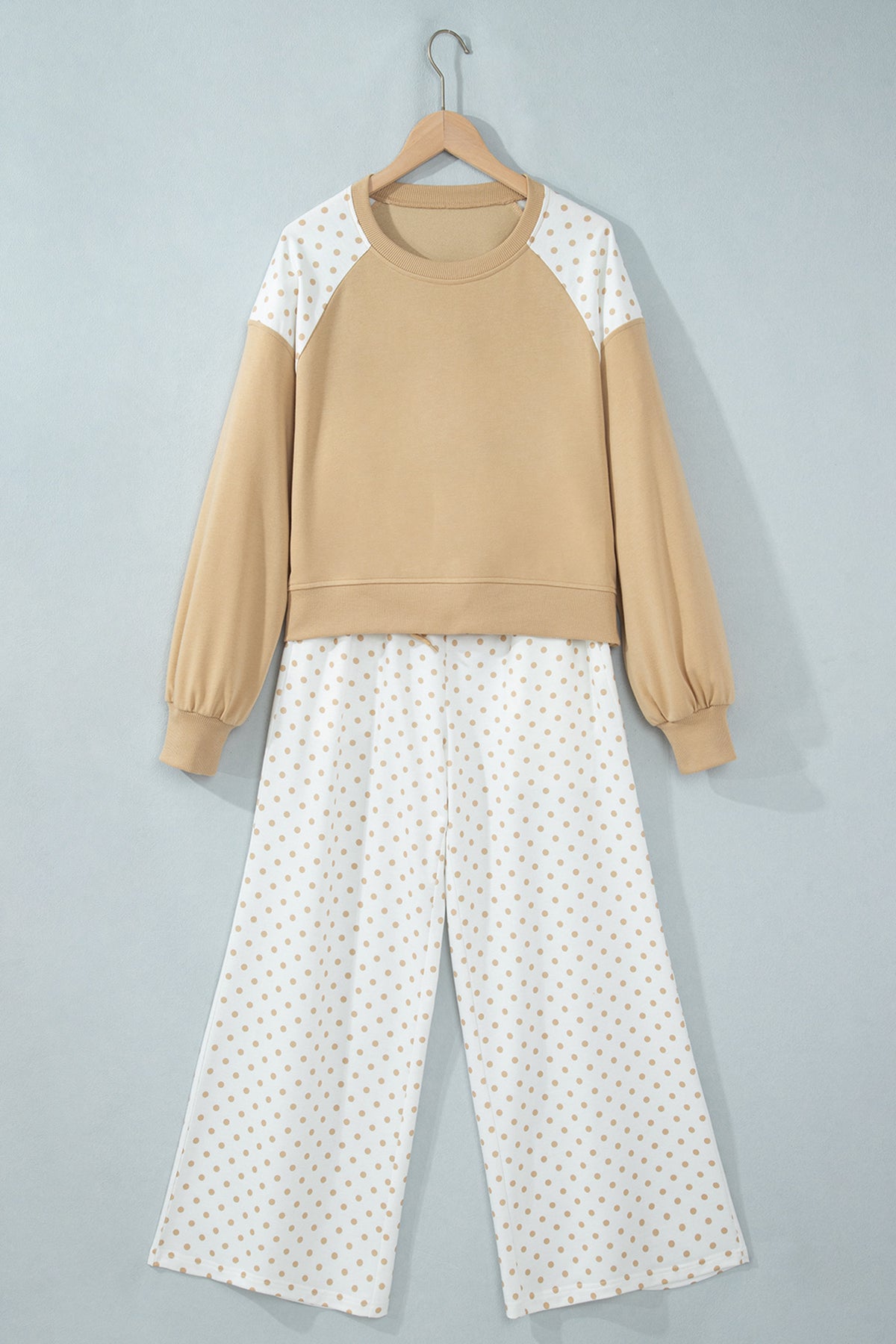 Stacey B's Green Polka Dot Patchwork Colorblock Long Sleeve Casual Two Piece Pants Set
