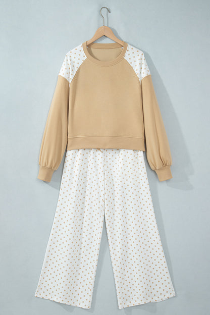 Stacey B's Green Polka Dot Patchwork Colorblock Long Sleeve Casual Two Piece Pants Set