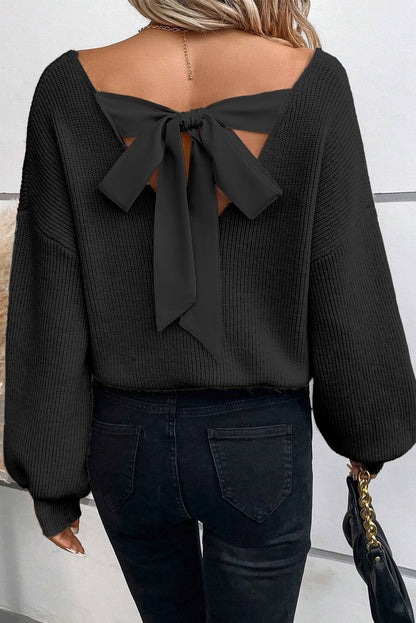 Stacey B's Black Lantern Sleeve V Neck Knot Back Sweater