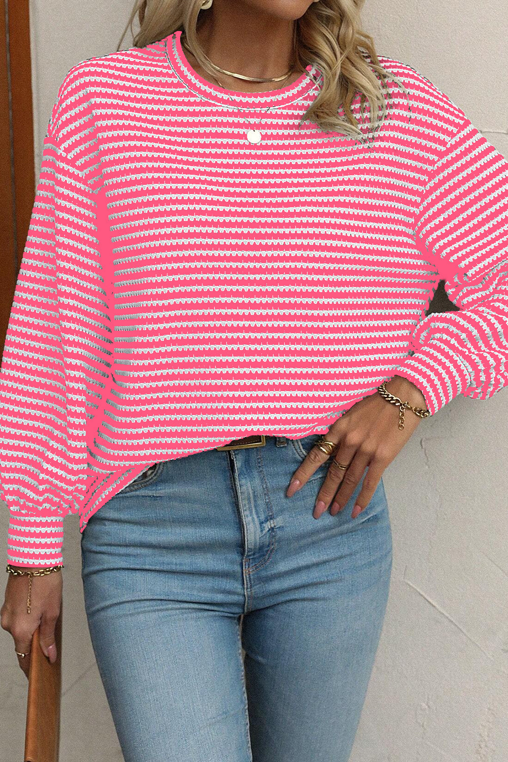 Stacey  B's Rose Stripe Round Neck Drop Shoulder Long Sleeve Top